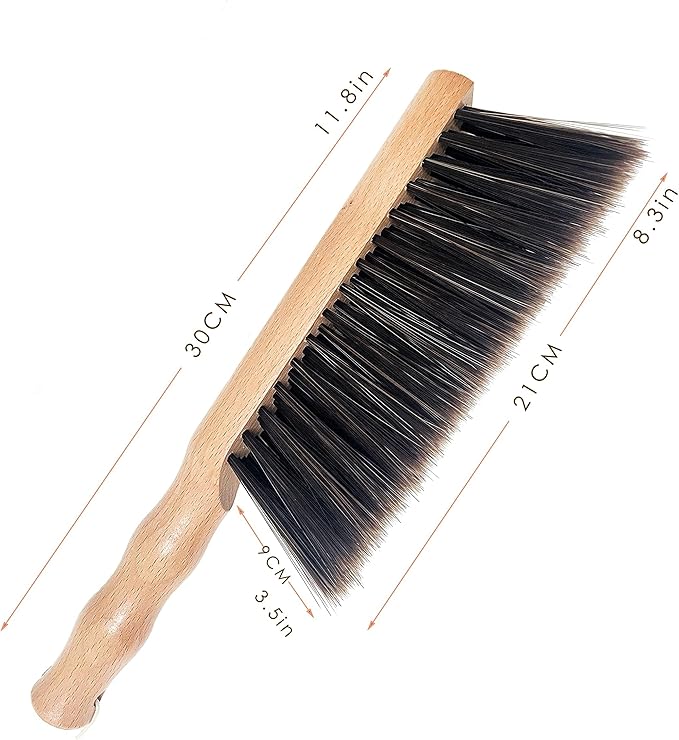 Hand Broom Beech Wood Brush,Dust Brush,Duster for Counter,12inch Foxtail Bench Brush, Round Handle Handheld Brushes,5 Rows Soft Bristles for Bed,Shop Table,Woodworking Cleaning,Car,Sofa,Furniture