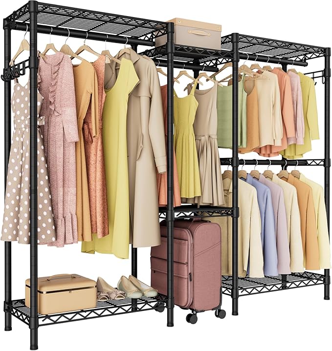 Heavy Duty Garment Rack Large Clothes Rack,Freestanding Closet Portable Clothing Rack with 7 Adjustable Wire Shelves&4 Hang Rods&2 Hooks,Metal Closet Storage Organizer Wardrobe System,MaxLoad 1000lbs