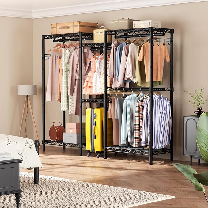 Heavy Duty Garment Rack Large Clothes Rack,Freestanding Closet Portable Clothing Rack with 7 Adjustable Wire Shelves&4 Hang Rods&2 Hooks,Metal Closet Storage Organizer Wardrobe System,MaxLoad 1000lbs