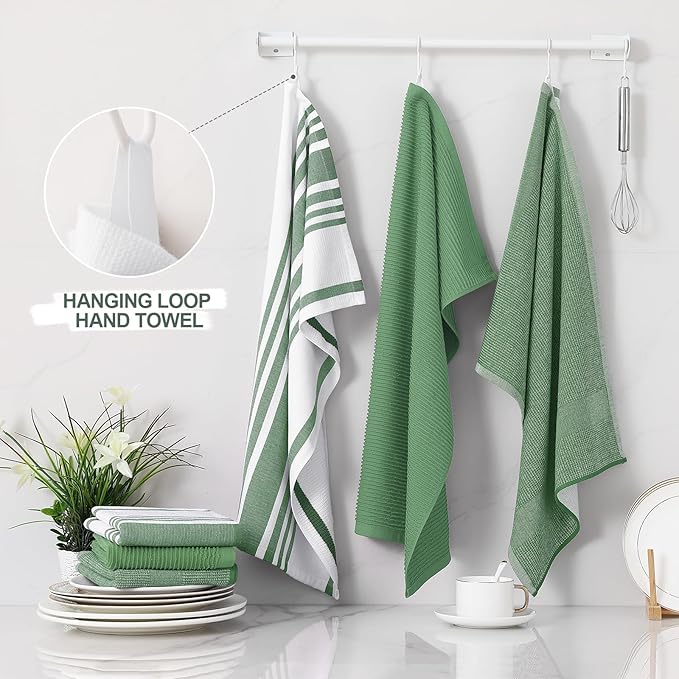 Homaxy Premium Kitchen Towels(18”x 28”, 9 Pack), Large Cotton 380 GSM Kitchen Hand Towels, Soft and Absorbent Terry Dish Towels, Multipurpose Tea Towel Set with Hanging Loop, Grass Green