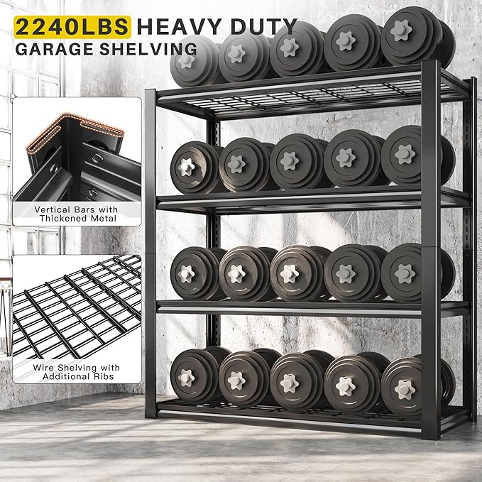 REIBII 40" W Garage Shelving 2240 LBS Storage Shelves Adjustable Metal Shelving Heavy Duty 4 Tier Metal Shelves for Garage Kitchen Pantry Warehouse Basement 40" W × 19.5" D × 59.5" H