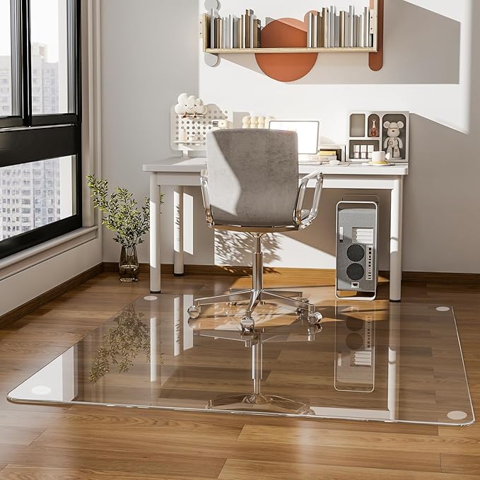 GLSLAND 46"x46" Tempered Glass Chair Mat Square Heavy-Duty Floor Protector for Carpet & Hard Floors Scratch-Resistant Office Computer Desk Mat 1/5" Clear