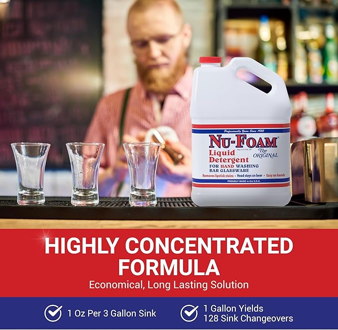 Nu-Foam Liquid Detergent for Bar Glassware – Original Streak-Free Solution - Hand Washing Bar, Tavern, Brewery Supplies - Concentrated - 1 Gallon