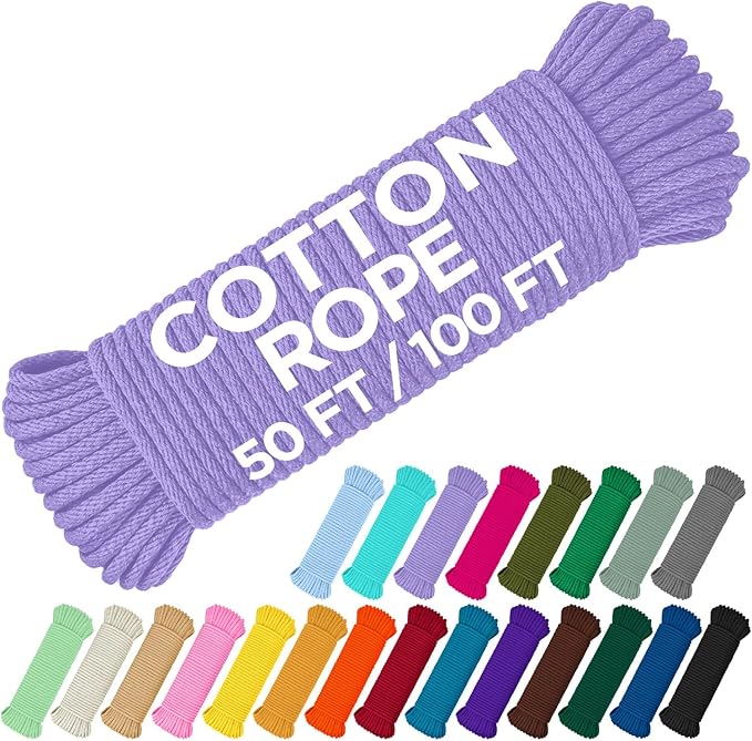 TECEUM Cotton Rope 3/16” (5 mm) – 50 FT – Strong All-Purpose Braided Rope – Natural Cotton – for Crafting, Сamping, Clothes Line, DIY, Indoor & Outdoor Use – Lavander