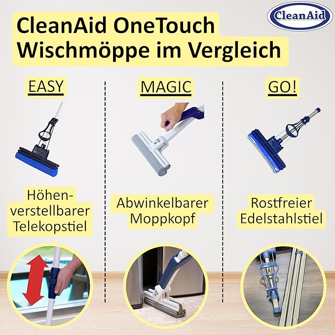 OneTouch GO! Floor Cleaner, Floor Mops, Sponge Mops, Mop with Wringing Function (4 x Refill Sponge)