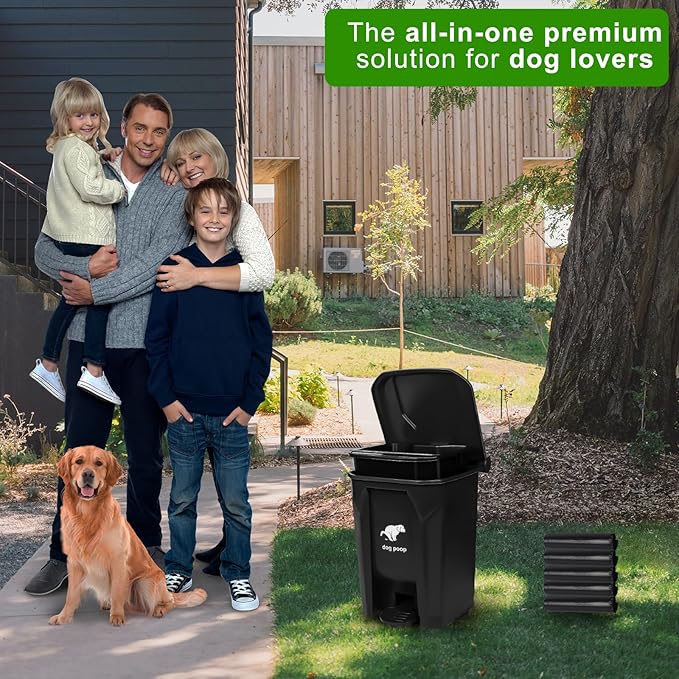 Dog Poop Trash Can Outside, 20L/5Gallon Pedal and Removable Inner Waste Bin, Outdoor Dog Poop Trash Can with 100 Bags, Pet Waste Container for Garden, Black