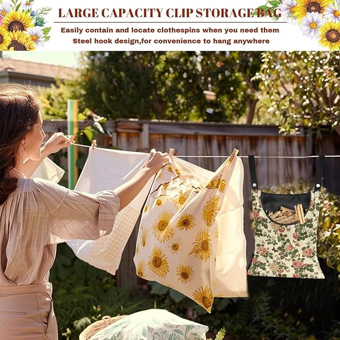 Floral Clothes Pin Hanging Bag with Hanging Rope 14.5 X 12 Inch Clothespin Bag for Clothes Pins and Clothespins - Heavy Duty Outdoor Use