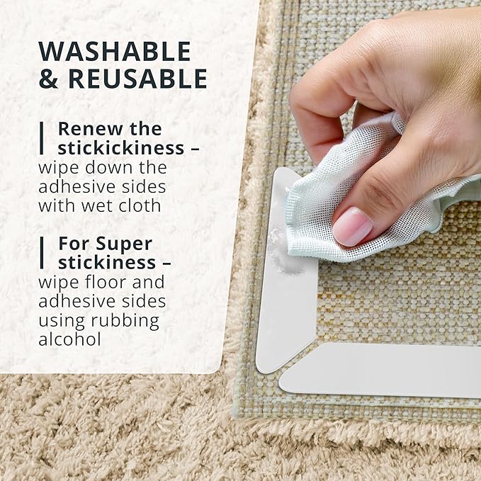 X-Protector Rug Tape - 16 Pcs Set - White Anti-Slip & Anti-Curling Carpet Tape for Hard Floors - Premium Rug Pad Gripper - Ideal Carpet Corner Grippers to Keep Your Carpet in Place & Make Corners Flat