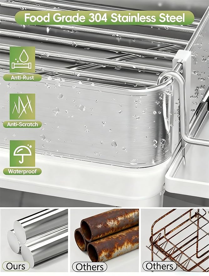 Dish Racks, Thicker Premium 304 Stainless Steel Dish Drying Rack for Kitchen Counter, Automatic Drainage Spout, Dish Drainer & Drainboard Set with Utensil Holder and Cup Holder, White