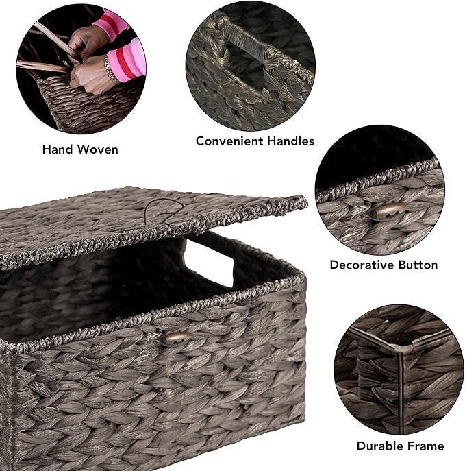 Wicker Storage Baskets with Lids and Handles, Hand Woven Rattan Storage Bins Box, Set 3 Black Water Hyacinth Decorative Large Small Basket Container for Shelves, Bathroom Organizing