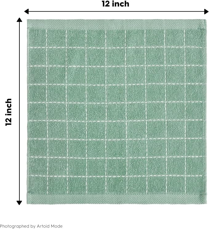 Artoid Mode Checkered Designed Cotton Dark Green Terry Kitchen Dish Cloths, 12x12 Inch Soft Absorbent Quick Drying Cleaning Kitchen Rags Set of 6