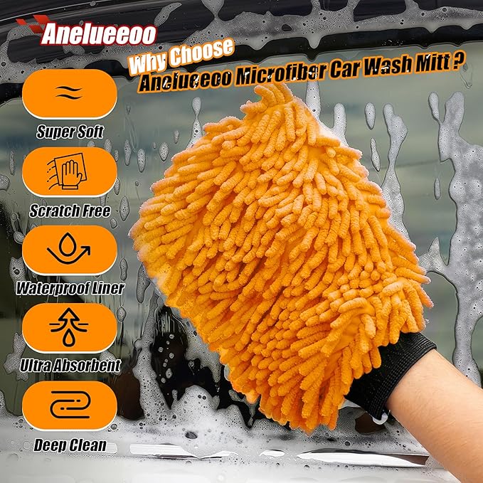 4 Pack Car Wash Mitt Microfiber, Premium Chenille Microfiber Wash Car Mitts Sponge Scratch Free & Lint-Free, Mitts Waterproof Lining Orange (8''X12'')