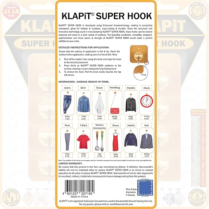 KLAPiT Super Hook - Heavy-Duty Adhesive Gold Wall Hooks, Holds Up to 11 lbs, Waterproof, No Damage, Easy Install on Tile, Wood, Stone, Glass & Metal - Made of Steel (Gold, 24pc)
