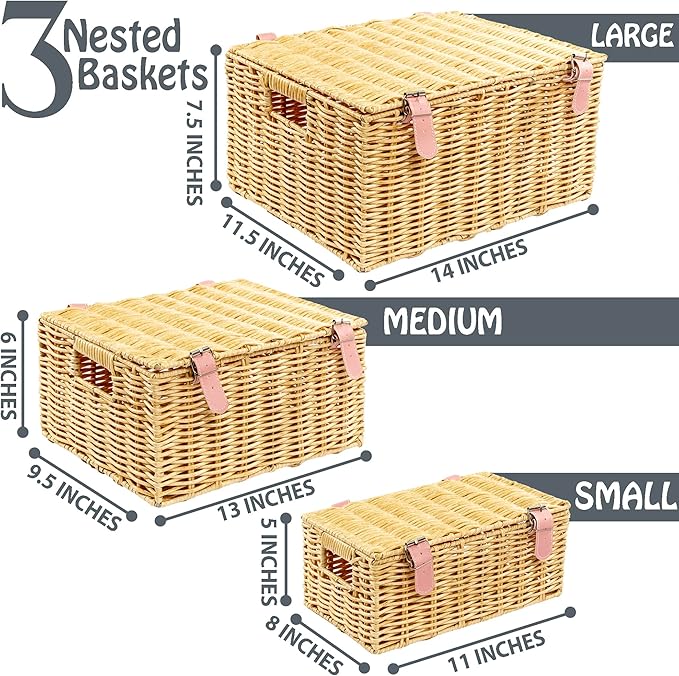 Wicker Storage Baskets with Lids – Set of 3 (Large, Medium, Small) for Organizing Clothes, Toys, Books – Stackable Basket with Lid for Bedroom, Nursery, and Home Decor