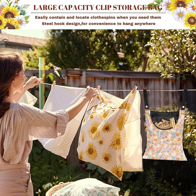 2 Pcs Flower Clothes Pin Hanging Bag, Clothespin Bag Organizer Clothes Pin Bag to Hang on Line with Large Opening Washable Clothespin Storage Bag