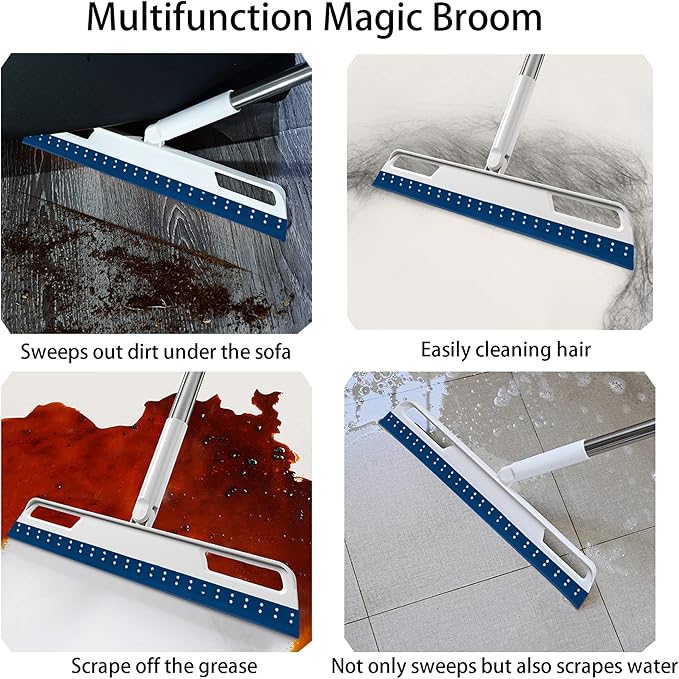 Multifunction Magic Air Broom, Silicone Broom with 56" Long Handle, 4 in 1 Rubber Squeegee Sweeper for Floor Bathroom Kitchen Shower Tile Pet Hair Fur Marble Glass Water Window Foam Cleaning (Blue)