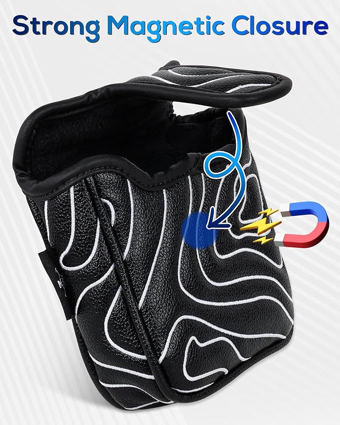 Big Teeth Golf Club Covers Full Set Driver Headcover Fairway Wood Hybrid Golf Club Iron Head Covers, Topographic Edition Putter Cover Leather Golf Head Covers Pure Black, Gifts for Men