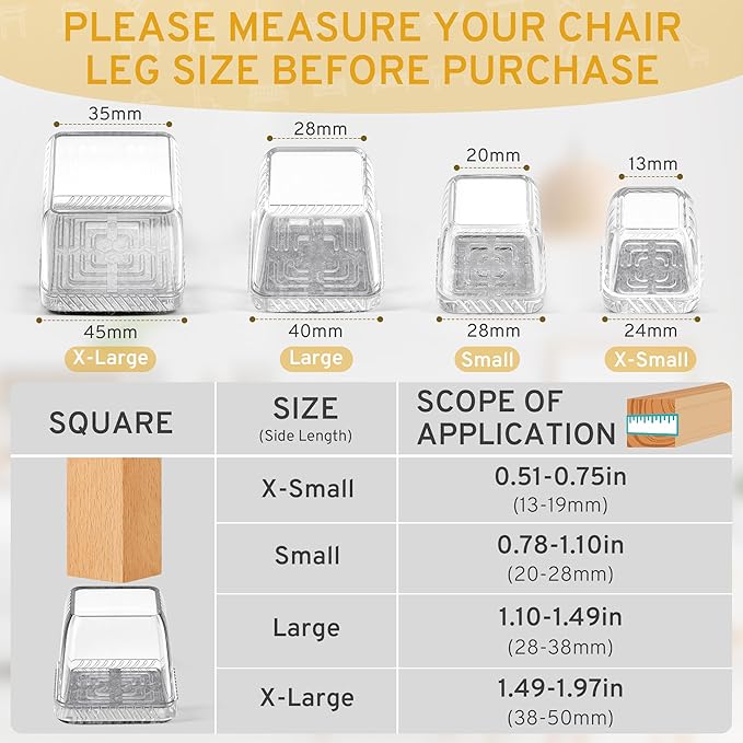 24PCS Square Chair Leg Floor Protectors, Furniture Sliders, Chair Leg Protectors for Hardwood Floors, Non-Slip Felt Furniture Pads, Silicone Cap Covers to Protect Floors, (Fit 0.75" - 1.1")