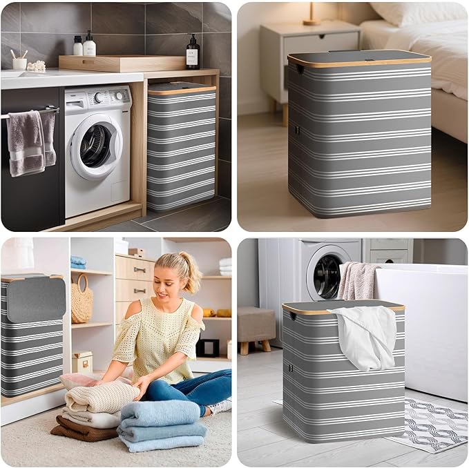 BALEINE Laundry Hamper with Lid, Tall Laundry Baskets with Bamboo Pull Handles, Large Laundry Bin with Internal Support (26 Gal/100L, Grey Pinstripe)