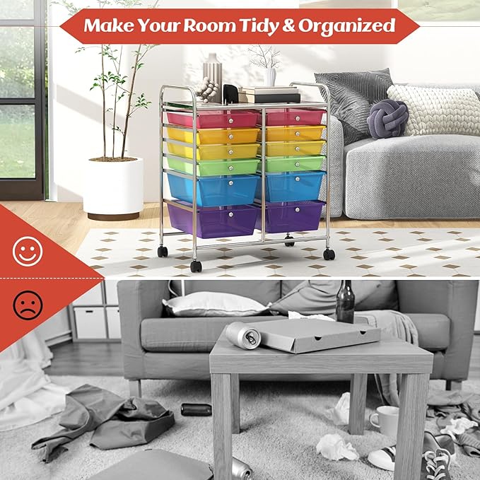 GOFLAME 12-Drawer Rolling Storage Cart, Multipurpose Organizer Cart with 2 Sizes Plastic Drawers, Mobile Utility Cart with Lockable Casters for School, Home Office, Beauty Salon, Rainbow