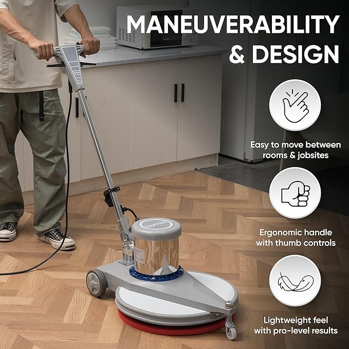 20" High-Speed Commercial Floor Burnisher, 1.5 HP, 1500 RPM, 40ft Cord, Rubber Bumper Guard, with Red, White & Black Pads for Cleaning, Polishing & Stripping