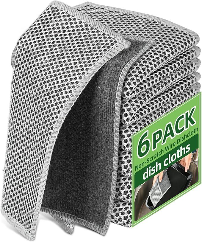 Stainless Steel Scrubber and Cleaning Rags - Non Scratch Wire Dishcloth for Washing Dishes, Durable Steel Wool Scrubber and Kitchen Dish Towels (New 6pcs)