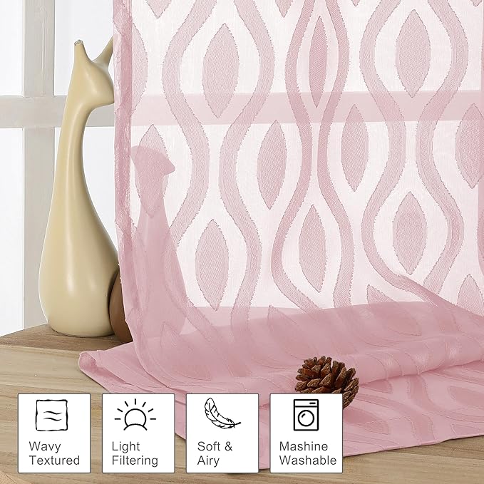 Aiyufeng Pink Curtains Kitchen 14 Inch Length, Clip Jacquard Chic Wavy Line Blush Valances for Windows, Lightweight Airy Rod Pocket Short Curtains for Bathroom Basement, 2 PCS, 40" Wx14 L Inches