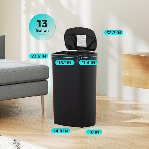 Automatic Motion Sensor Bathroom Trash Can with Lid, 13 Gallon Touchless Trash Bin, Smart Dog Proof Garbage Can, Touch Free Waste Basket for Toilet, Office, Bedroom,Black
