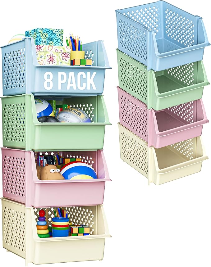 TidyFriend Plastic Stackable Storage Bins for Pantry - 8 Pack Stackable Bins for Organizing Food, Kitchen, and Bathroom Essentials (Multi)