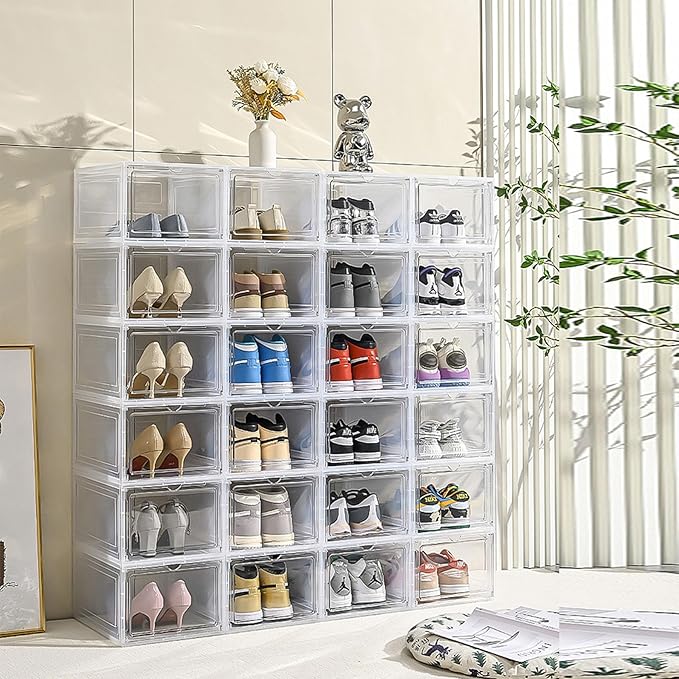 XXL Large Shoe Storage Box, 8 Pack Shoe Boxes Clear Plastic Stackable Fit US 15,Clear Shoe Organizer with Magnetic Door(8 PACK CLEAR)