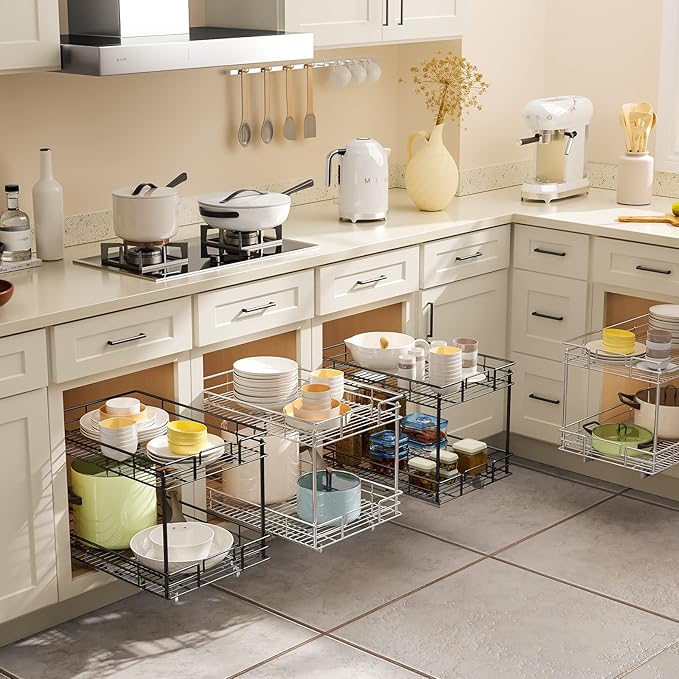 ROOMTEC Pull Out Cabinet Organizer 20" W x 21" D, Kitchen Cabinet Organizer and Storage 2-Tier Cabinet Pull Out Shelves Under Cabinet Storage for Kitchen Chrome