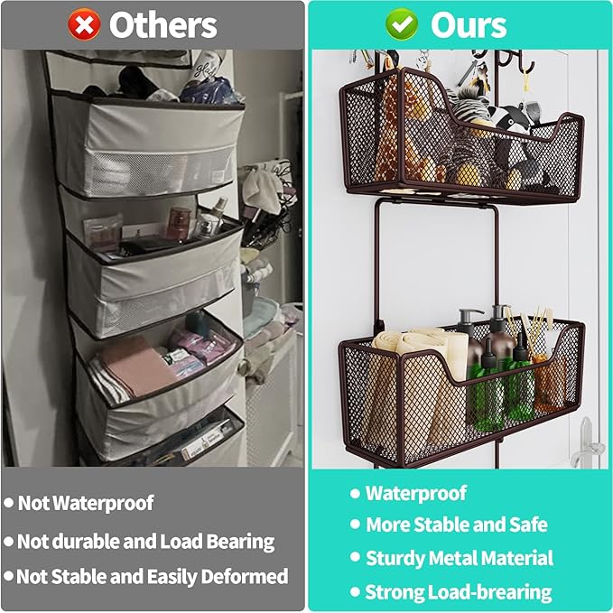 HapiRm Over The Door Organizer - Hanging Door Organizer with 4 Metal Large Capacity Baskets and Adjustable Coat Hook for Bathroom Bedroom Kitchen Pantry Closet Cabinet