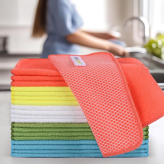 SINLAND Microfiber Dish Cloth for Washing Dishes Dish Rags Best Kitchen Washcloth Cleaning Cloths with Poly Scour Side 5 Color Assorted 7.87inchx7.87inch 20pack