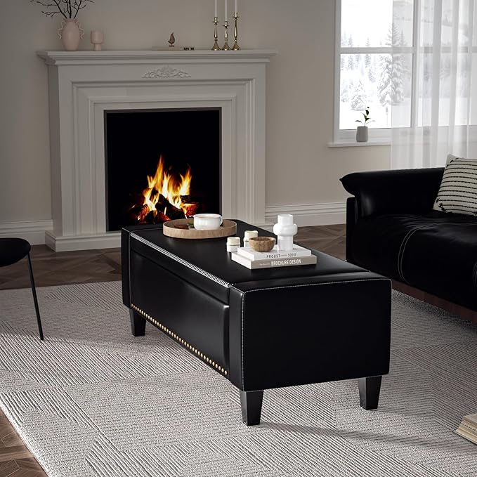 48.8" Storage Ottoman Bench Black | Faux Leather Bedroom Bench with Lift Top for Living Room & Bed End