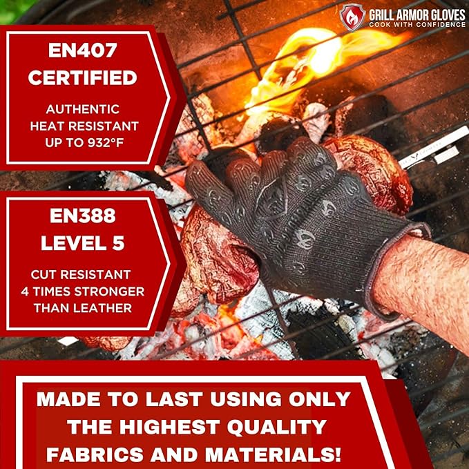 Grill Armor Oven Gloves 932°F Extreme Heat & Cut Resistant Oven Mitts with Fingers for BBQ, Cooking, Grilling, Baking – Accessory for Smoker, Cast Iron, Fire Pit, Camping, Fireplace, Griddle & More