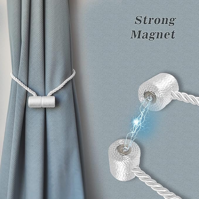 Hion Magnetic Curtain Tiebacks White 2pcs, Curtain Tiebacks Buckles Holdbacks Holders Hooks Clip for Home Bedroom Office Decorative Curtain