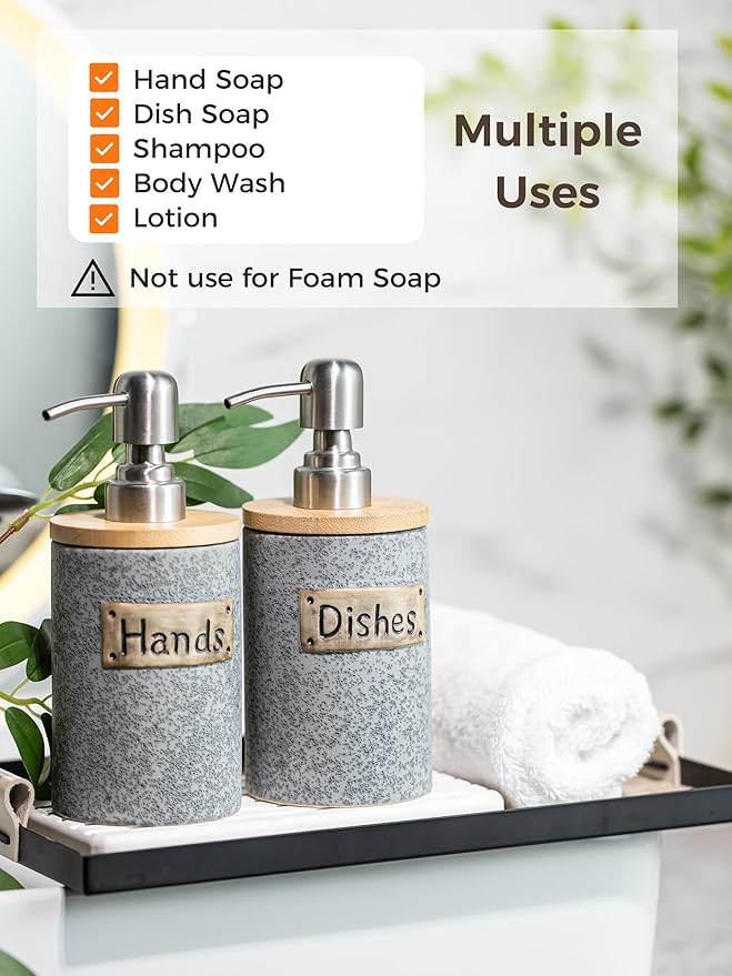 Hand and Dish Soap Dispenser Set, Ceramic Kitchen Soap Dispenser for Bathroom Lotion, Body Wash, Includes Instant Dry Tray, Collapsible Funnel, 15 Oz, Gray