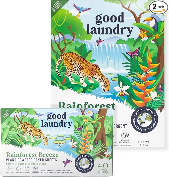 Good Laundry Rainforest Breeze Detergent Sheets, & Dryer Sheet Bundle - No Plastic Jugs, Eco-Friendly, Zero Harsh Chemicals, Hypoallergenic - Based in the USA