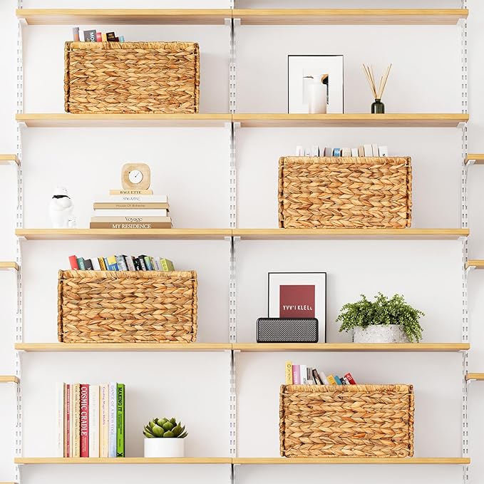 SpaceAid 4 Pack Wicker Basket, Storage Baskets for Organizing, Woven Rattan Basket with Handles for Shelves, Water Hyacinth Large Cube Organizer Storage Bin, 13x8.2x7 inch, Natural