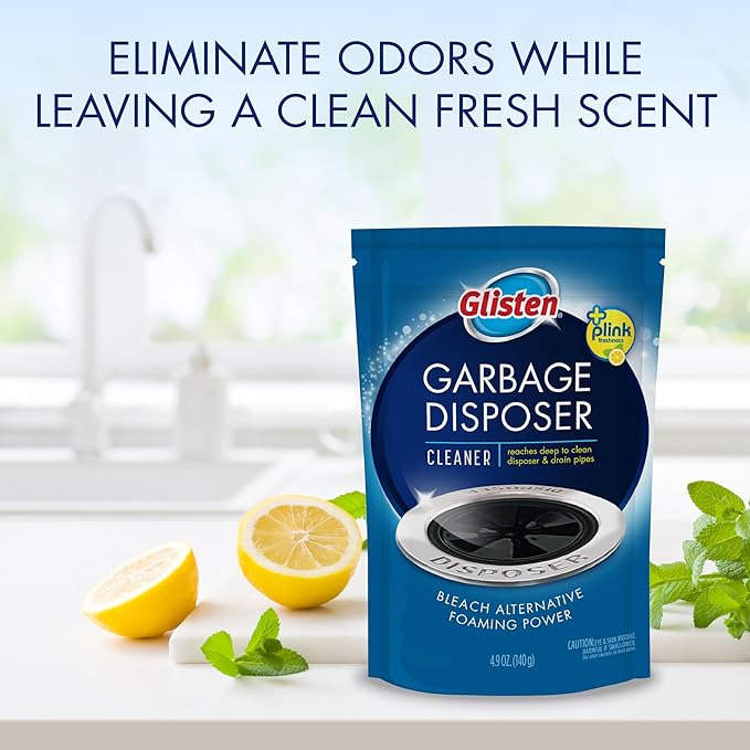 Glisten Garbage Disposer Cleaner and Freshener with Foaming Action, Helps Remove Buildup in Drains, Lemon Scent, Made in the USA, 16 Packets