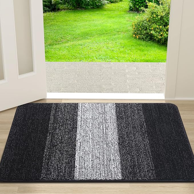 Kitinjoy Indoor Outdoor Door Mat, 30x17 Non-Slip Absorbent Dirt Trapper, Low-Profile Washable Inside Entrance Front Floor Mat, Sturdy Soft Entry Doormats for Entryway, Black