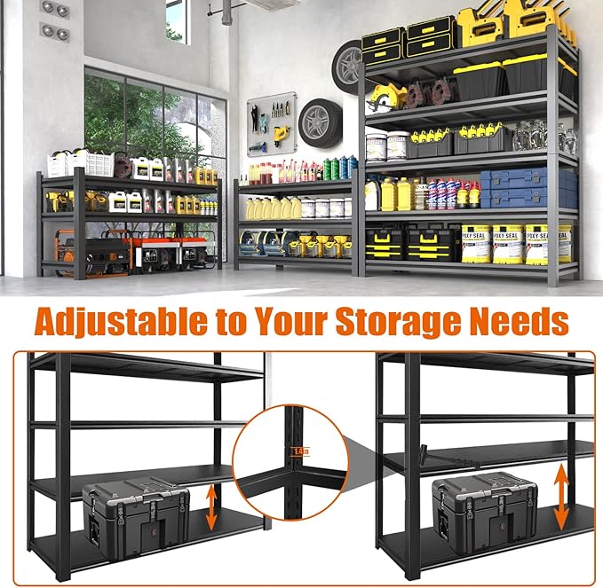 84“H Garage Shelving Heavy Duty Storage Shelves 3000 LBS Adjustable 5 Tier Metal Shelving Uints and Storage for Garage, Warehouse, Commercial, 48" W x 24" D x 84" H