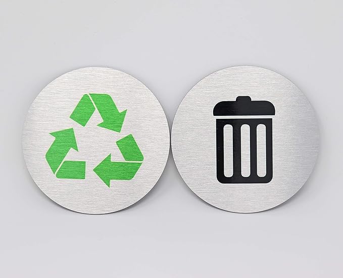 Metal Trash & Recycling Signs | Garbage & Recycling Bin Marker | Set of 2 - 1 Black Trash Sign & 1 Green Recycle Sign | 3" Round, Brushed Silver Aluminum Signs | Made in USA
