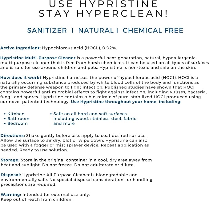 Pure Hypochlorous Acid Multi-Purpose Disinfectant Spray – Bleach- and Alcohol-Free Odor Remover, All-Surface Solution for Home, School and Office – Child-, Pet- and Food Contact-Safe