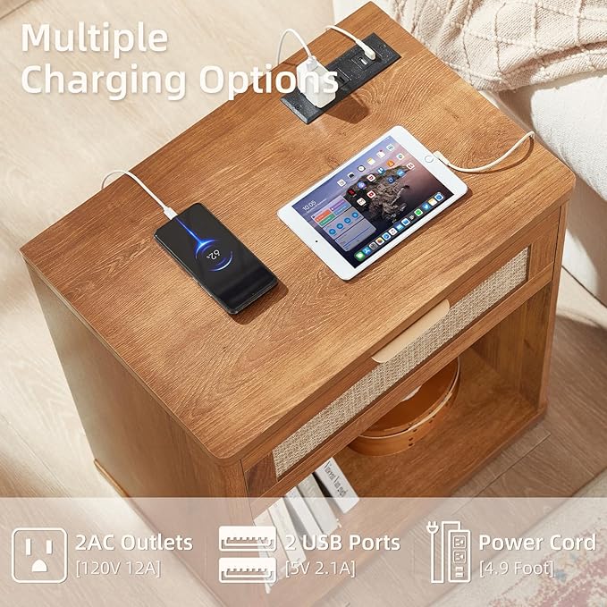 LEYAOYAO Rattan Nightstand with Charging Station, 23" Wide Boho Night Stand with Drawer, Natural Wood Bedside Table Open Storage Cabinet, Bed Side End Tables Dresser for Bedroom, Living Room, Hallway