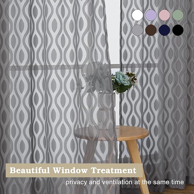Aiyufeng Charcoal Grey Sheer Curtains 84 Inches Long 2 Panels, Solid Airy Light Filtering Window Treatments for Bedroom Living Room, Modern Wavy Line Rod Pocket Curtains, Total 80 inches Width