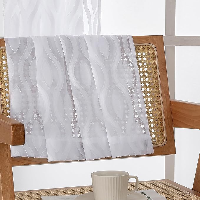 Aiyufeng White Sheer Curtains 45 Inch Length 2 Panels Set, Farmhouse Clip Jacquard Textured Short Curtains, Lightweight Chic Wavy Line Window Curtains Drapes for Bedroom, 40" Wx45 L Inches