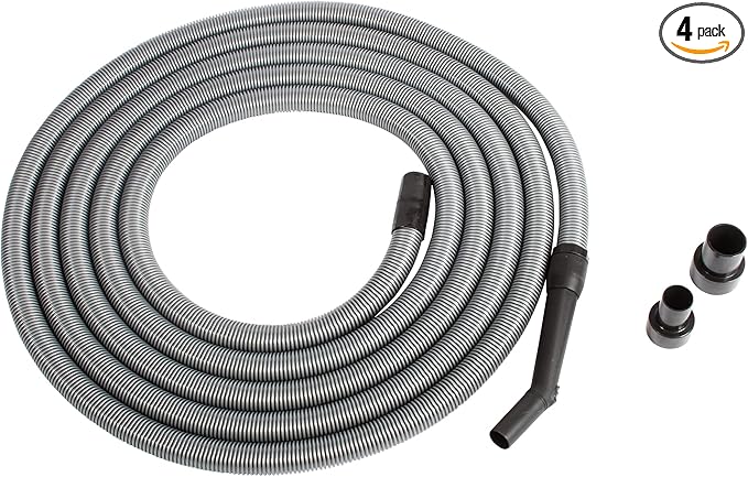 Cen-Tec Systems 30 Ft. Premium Shop Vacuum Extension Hose with 2 tank adapters and 1.25" curved end, Silver