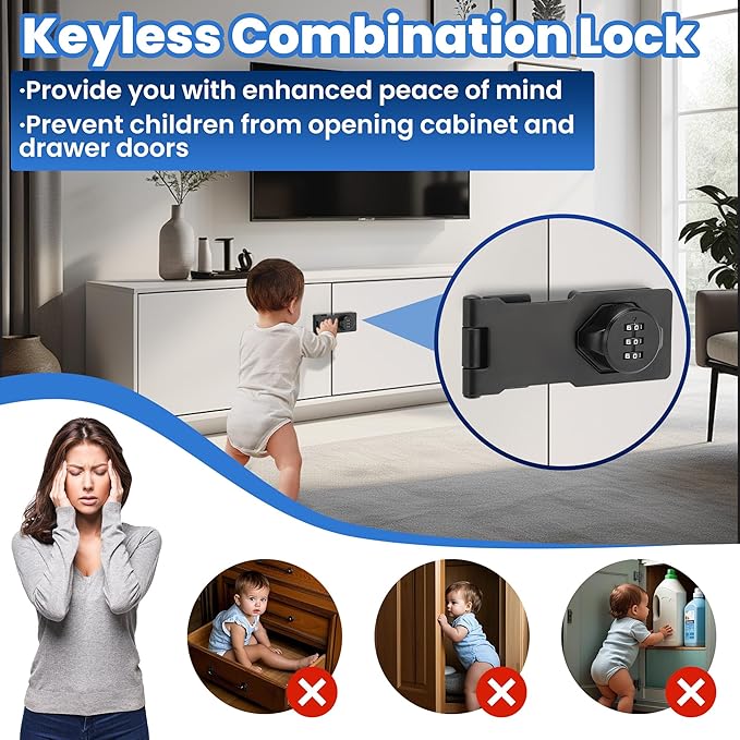 Keyless Cabinet Lock with Combination Code - 3-Digit Password Hasp Latch Lock for Drawers, Bifold Closet Door and Double Sided Door (Black, 4.5 Inch, 2 Pack)