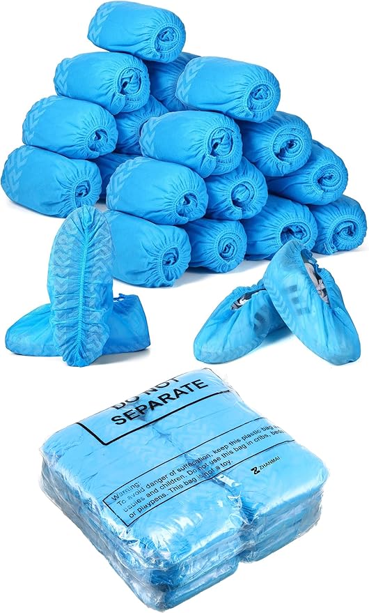 Zhanmai 300 Pack Disposable Shoe Covers Non Slip Disposable Large Foot Booties Shoe Covers for Indoors Contractors Floor and Carpet Protectors, One Size Fits Most(Blue)